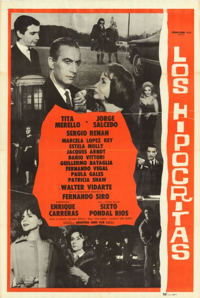 Argentine film poster. Photographic collage of different images from scenes in the film featuring various characters. Most of the men are wearing suits, and most of the women are wearing coats.