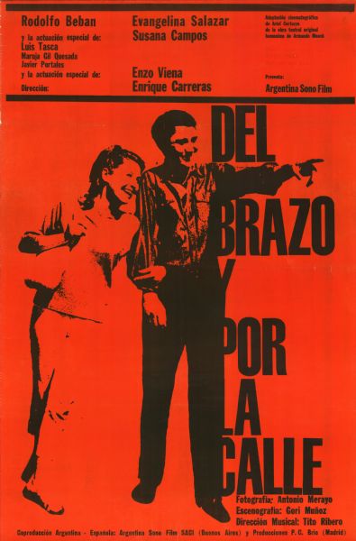 Argentine film poster. Illustrated image of a woman and a man smiling and walking arm in arm. The man is pointing off to the side.
