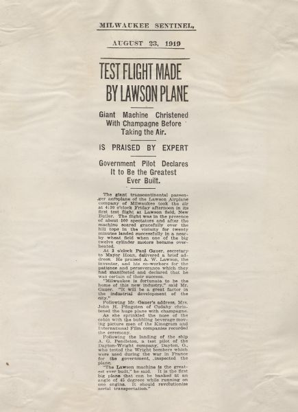 Newspaper article describing the test flight of Alfred Lawson's first transcontinental airplane. This article was copied and framed in a scrapbook related to Alfred Lawson's airplanes.