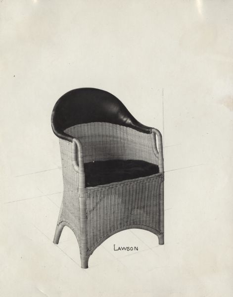 Close-up view of a seat for the Lawson Air Liner. The seat appears to be wicker, with a leather backrest and a cushion.