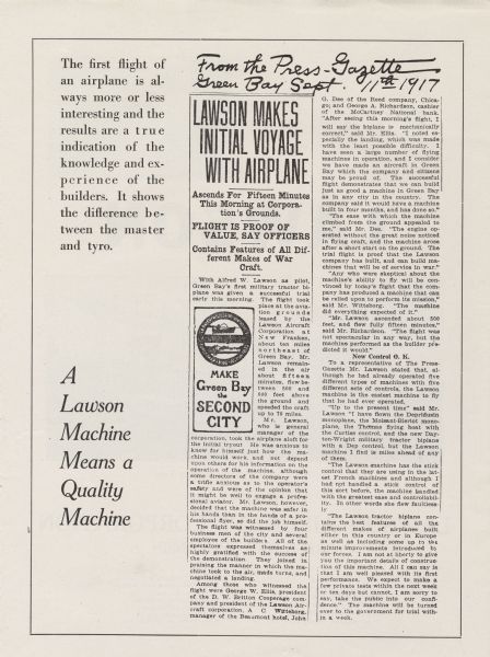 Second page of a four-page pamphlet for the Lawson Aircraft Corporation. Includes a reproduction of a newspaper article from the Green Bay Press-Gazette, September 11, 1917, describing Alfred Lawson's first successful test flight of the tractor biplane built in Green Bay.