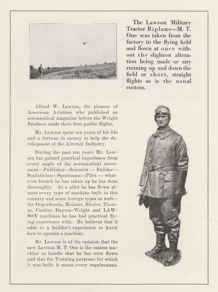 Third page of a four-page pamphlet advertising the Lawson Aircraft Corporation. Includes an image of the Lawson Military Tractor Biplane (M.T. One) flying, as well as a close-up image of Alfred Lawson in leather flight gear. Text gives Lawson's credentials as an aviator.