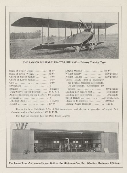 Fourth page of a four-page pamphlet advertising the Lawson Aircraft Corporation. Includes two images of the Lawson Military Tractor Biplane, Primary Training type, as well as technical specifications for the airplane.