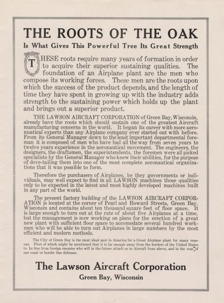 First page of a four-page pamphlet advertising the Lawson Aircraft Corporation. Describes the expertise of the Lawson Aircraft Corporation's staff as the "roots" that give the corporation its strength.