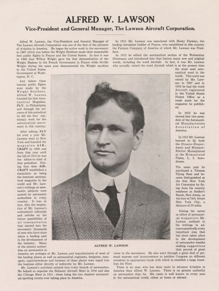 Second page of a four-page pamphlet advertising the Lawson Aircraft Corporation. Includes a biography of Alfred Lawson and a photograph of him.