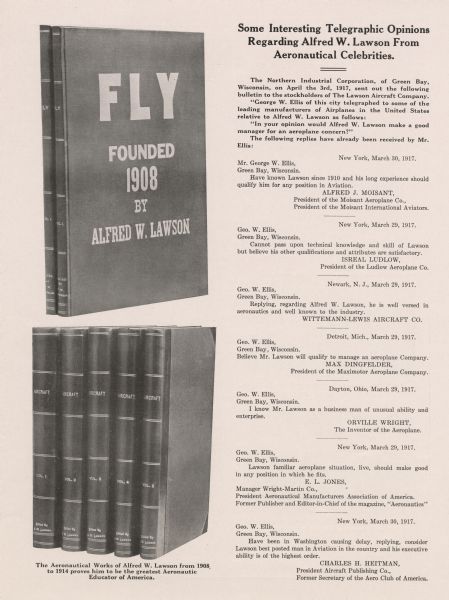 Third page of a four-page pamphlet advertising the Lawson Aircraft Corporation. Includes images of the bound edition of "Fly," Alfred Lawson's aviation magazine, as well as "Some Interesting Telegraphic Opinions Regarding Alfred W. Lawson From Aeronautical Celebrities."