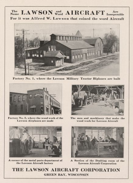 Fourth page of a four-page pamphlet advertising the Lawson Aircraft Corporation. Includes photographs of the interiors and exteriors of the corporation's factory buildings in Green Bay.