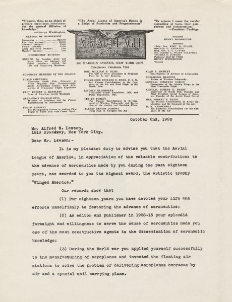 Second page of a four-page pamphlet advertising Alfred Lawson and, by extension, his line of airliners. Reproduces the first half of a letter to Lawson from the Aerial League of America, informing him that he has won their highest honor.