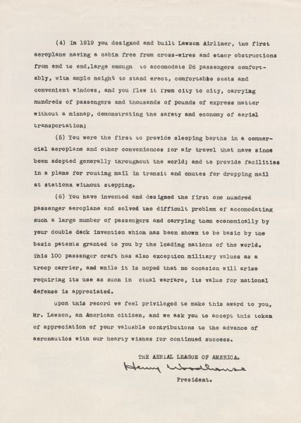 Third page of a four-page pamphlet advertising Alfred Lawson and, by extension, his line of airliners. Reproduces the second half of a letter from the Aerial League of America informing him that he has received their highest honor.