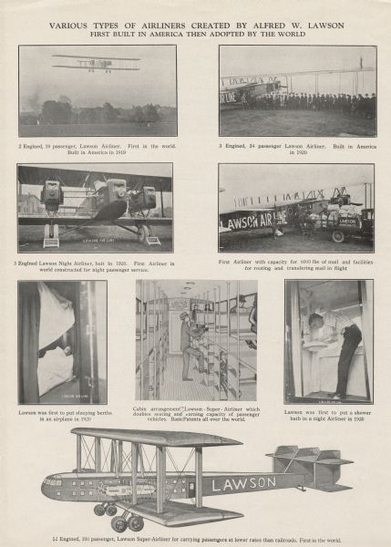 Fourth page of a four-page pamphlet advertising Alfred Lawson and, by extension, his line of airliners. Includes eight photographs and drawings of Lawson Airliners, including a drawing of his proposed "12 Engined, 100 passenger Lawson Super-Airliner for carrying passengers at lower rates than railroads."