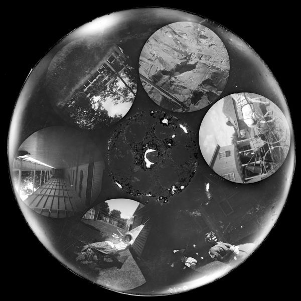 Six circular images of people in various outdoor activities on a glass plate negative from the Stirn Concealed Vest Camera. One is of a long, porch; one of a woman in a hammock; a woman in a rocking chair outdoors; a man standing next to a horse and buggy; a long building, and the last, difficult to make out, is apparently of a rock face.