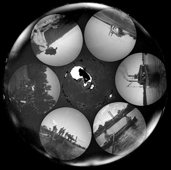 Six circular images on a glass plate negative from the Stirn Concealed Vest Camera. Young men and women are posing in boats near a shoreline. Two images are of steamboats, one named "Fashion." In another image a young couple is in a rowboat.