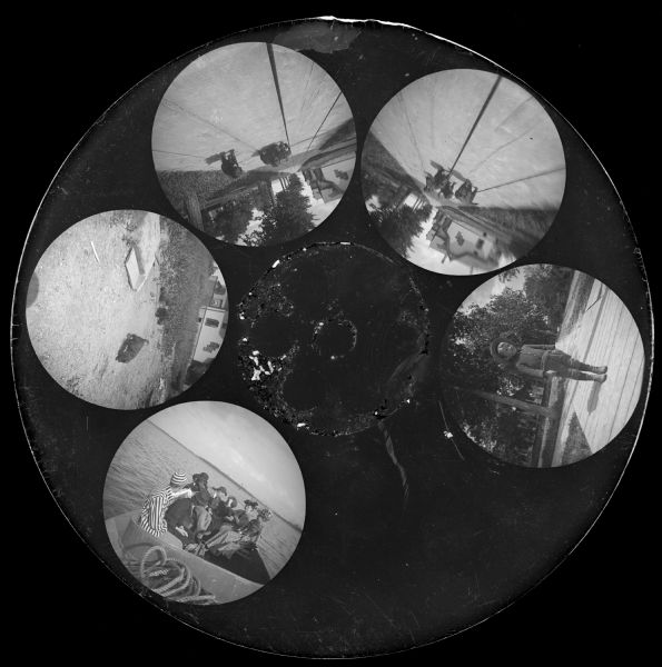 Six circular images on a glass plate negative from the Stirn Concealed Vest Camera. Three are of puppies, one is of a small boy, and another is of a group of young people in a boat. The last image is unexposed.