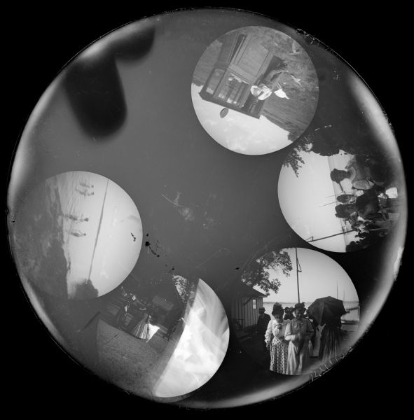Five circular images on a glass plate negative from the Stirn Concealed Vest Camera, with one spot unexposed. Starting on the left is: view from shoreline of boys playing in the water at the shoreline of a lake; the next is of people near the A.F. Waltzinger confectionary shop, the next two are of small groups of people near the excursion boat dock; and the last is of a man standing near a booth outdoors.