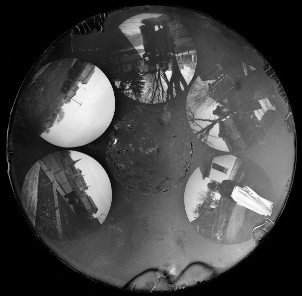 Five circular images on a glass plate negative from the Stirn Concealed Vest Camera. One spot is unexposed. The five images are of women posing outdoors, and neighborhood scenes.