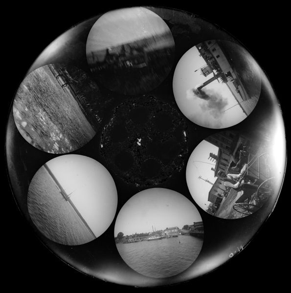 Six circular images on a glass plate negative from the Stirn Concealed Vest Camera. The images are of a variety of excursion boats, sailboats, and horse-drawn carts.