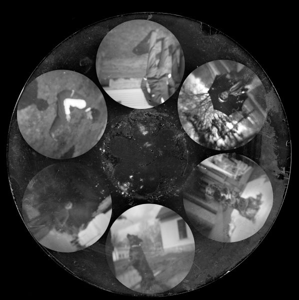 Six circular images on a glass plate negative from the Stirn Concealed Vest Camera. Two of the six images are of dogs standing on their hind legs. The others are of men and women in casual poses.