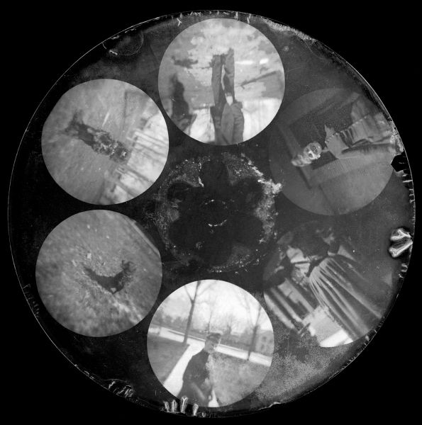 Six circular images on a glass plate negative from the Stirn Concealed Vest Camera. Most are out of focus. There are two images of dogs, three of women, and one of a man, all posing outdoors.