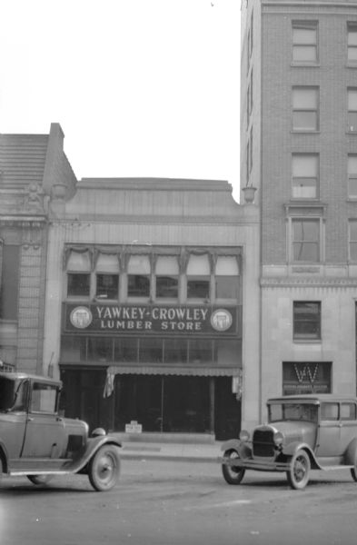 View from street towards the storefront of the Yawkey-Crowley Lumber Store, at 117 Monona Avenue. The store was on 801 E. Washington Avenue for most of its years.