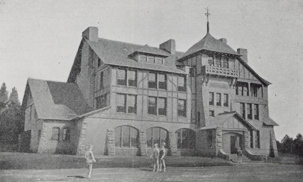 Exterior view of front of Hiram Smith Hall, a stone and timber, Queen Anne-style structure. It was the first dairy education building in the western hemisphere and was located on the University of Wisconsin-Madison campus, just off Observatory Drive.
