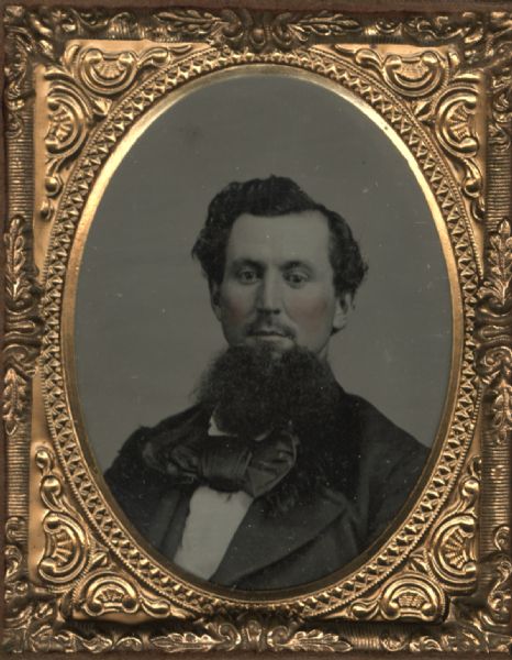Sixteenth plate ambrotype quarter-length portrait of Alhannon Butt with hand-coloring on cheeks. Alhannon was from Viroqua, the brother of Col. Cyrus Butt and ancestor of Dr. William E. Butt. 