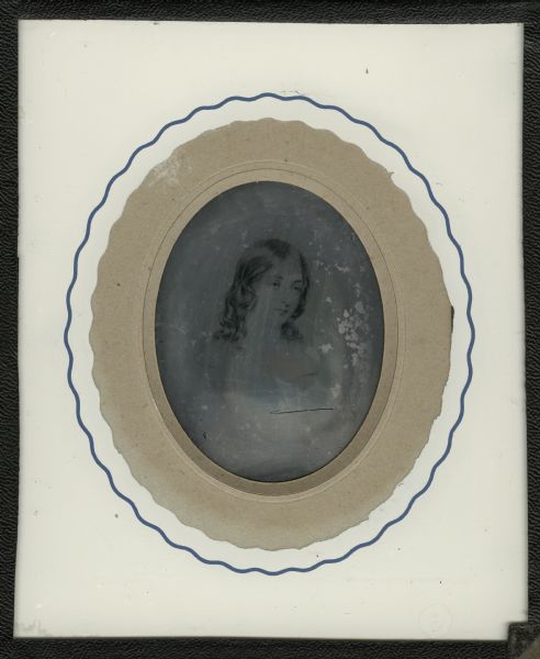Sixth plate ambrotype of drawing of a young woman, after British artist James Fisher. Quarter-length portrait. She is facing slightly to the right, with flowing shoulder length hair.