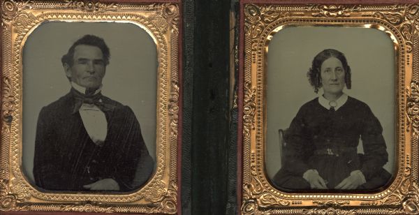 Two sixth plate ambrotypes of Charles Minton Baker, (on left) (1804-1872) and his second wife, (on right) Elizabeth Holt Baker. Baker lived in Lake Geneva, and was a lawyer, member of the first state constitutional convention, railroad director, and Civil War draft commissioner. The portraits were taken individually and both subjects are seated with their hands in their laps. Mrs. Baker is wearing a bonnet that covers the back of her head, and has the front of her hair styled in ringlets. Hand-coloring on cheeks.