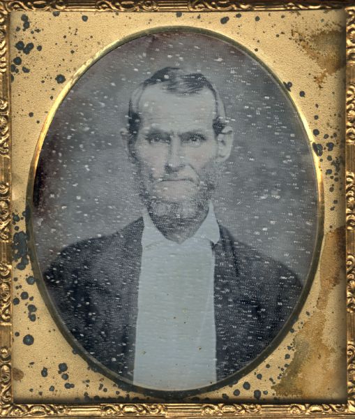 Sixth plate daguerreotype of Col. Jeremiah Austill of Alabama as an older man. Austill fought in the Creek War in Alabama and Georgia, from 1813-14. After the war Austill lived in Alabama as a merchant, planter, county court clerk, and state legislator. The portrait is a front facing bust figure. Hand-coloring on cheeks.