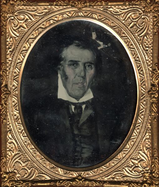 Sixth plate ambrotype of a painting of Captain Samuel Murphy. Murphy served with Captain Samuel Brady in the Pittsburgh region during the Revolutionary War. He lived and died near Freeport, Pennsylvania. The portrait is a front facing bust figure, turned slightly to the right. Hand-coloring on cheeks.