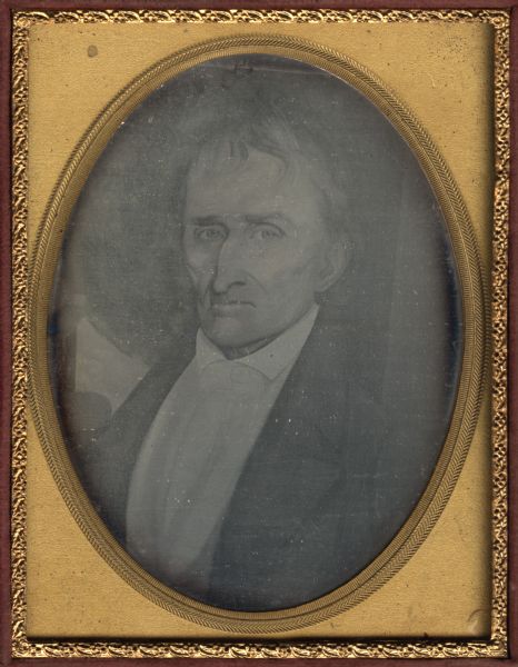 Quarter plate daguerreotype of a painting of Bland Ballard (1761-1853). Ballard was a noted Kentucky pioneer, and also served as a scout for General George Rogers Clark during his expedition to Ohio in 1780. Ballard is facing front but turned slightly to the left.