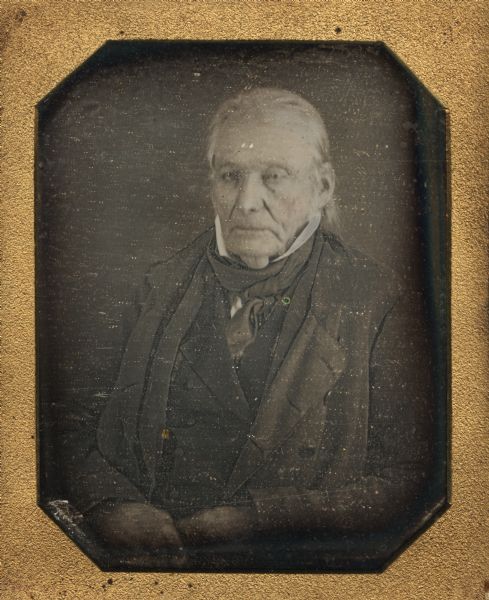 Quarter plate daguerreotype of Col. William Martin of Tennessee. Williams was an early Tennessee settler who fought in the Indian Wars and the War of 1812. He died near Dixon's Spring Tennessee, November 4, 1846. The portrait is waist-up, with the subject facing front and turned slightly to the left. Hand-coloring on the cheeks.