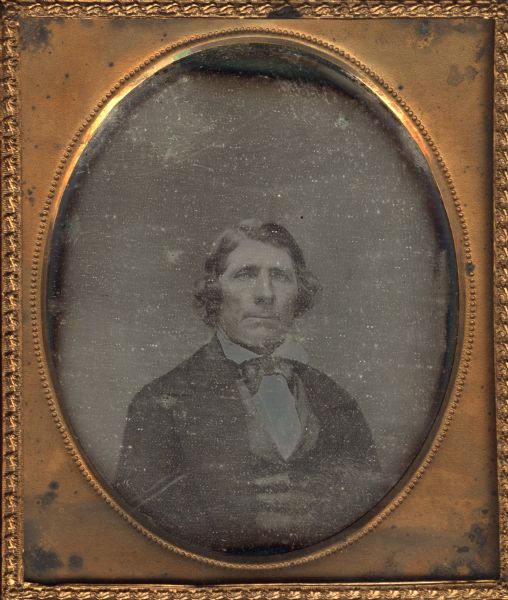 Sixth plate daguerreotype of Captain Joseph Dickson, waist-up, facing front and slightly towards the right.  Dickson fought in the Black Hawk War in 1832.