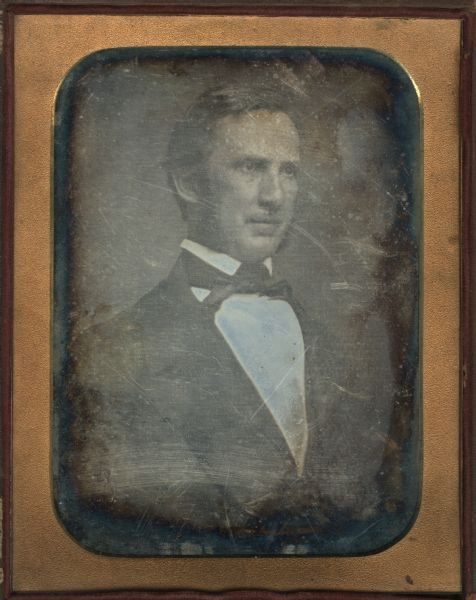 Quarter plate daguerreotype of Don A.J. Upham (1809-1877). Born in Vermont, Upham was a lawyer who moved to Milwaukee during the territorial period. The portrait is waist-up, showing three-quarters of his face, with his head and body turned to the right.