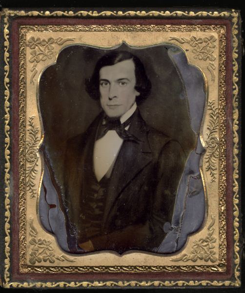 Sixth plate ambrotype of a painting of William Cowper Noyes. Half figure facing front and slightly left, with slight beard, wearing suit coat with wide lapels, standing collar, and bow tie with long tails. Hand-coloring on cheeks. Noyes was from Brooklyn, New York, and the father of William B. Noyes. 