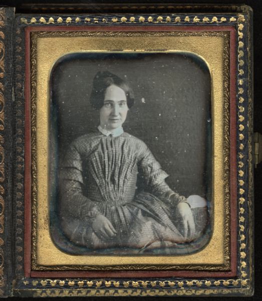 A sixth-plate daguerreotype of Sophronia Newcomb Larkin, who married Benjamin Franklin Larkin. She is seated, and is wearing a dress with a white collar. Hand-coloring on cheeks.