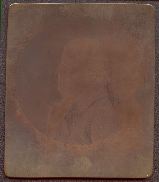 Copper plate physiognotrace of Carsten Tank, the father of Nils Otto Tank of Green Bay, Wisconsin. Subject faces left (proper right) wearing a coat, tie, and ruffled shirt, with his hair in a queue tied with a ribbon. The coat and eyes are colored darker than the rest of the image. He died at Rud, Norway in 1832. 