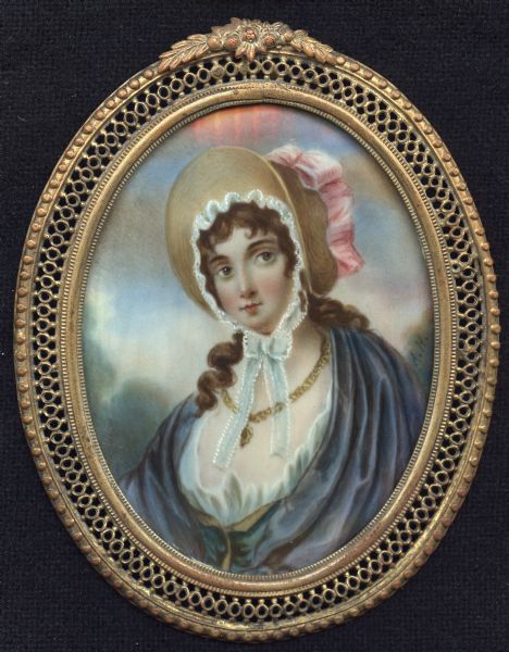 Painted miniature of a young woman wearing a pendant necklace, blue robe over chemise, and straw bonnet with blue ribbon tied under her chin.