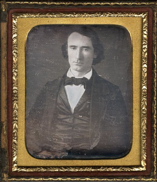 Sixth plate daguerreotype of Jerome Luther Marsh. Half length figure, facing forward, wearing dark suit and tie, with satin or silk vest. 