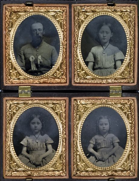 Ninth plate ferrotype/tintypes of four individual portraits of a man and three young girls.