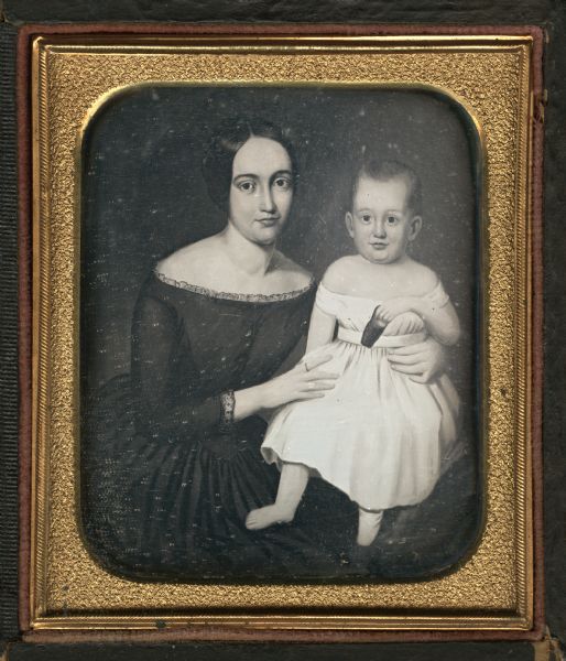 Sixth plate daguerreotype of a painting of an unidentified woman and child. They are facing forward, and the woman is wearing a dark off-the-shoulder dress, the neckline and cuffs trimmed with lace, and a ring on her index finger. She is holding the child who is sitting on a table. The child is wearing a belted, white off-the-shoulder dress, showing one bare foot, and holding one of its shoes in its hand. 