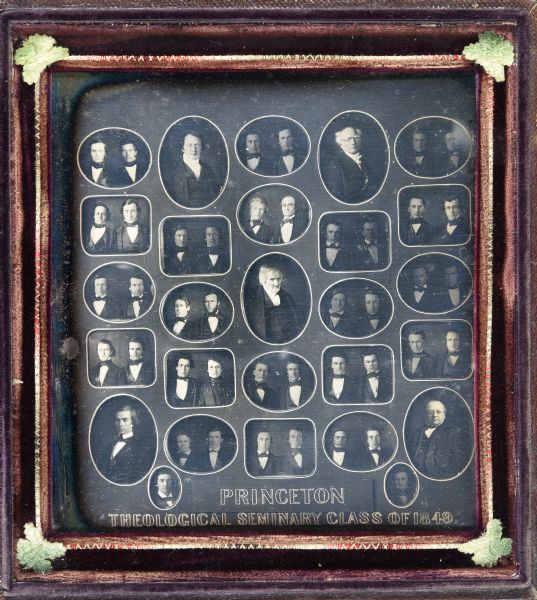Daguerreotype composite of the Princeton Theological Semnary Class of 1849. Twenty-seven separate photographs, seven individual and twenty paired. All the men are wearing white shirts, suits, and ties. 