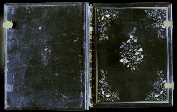Case (opened to show front and back) for daguerreotype made to resemble a bound book. Mother-of-pearl decoration on front in the form of flowers, stems and leaves. Spine of case is of leather with gilded decoration, and reads" "Bijou." The other three sides of the case are painted gold to simulate gilded pages.