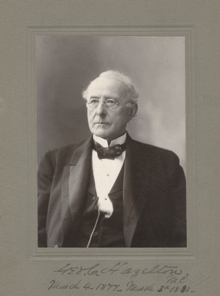 Waist-up studio portrait of Congressman George Cochrane Hazelton. Hazelton served as a U.S. House Representative from Wisconsin 3rd District between 1877 to 1883. Hazelton was a member of the Republican Party. He was also a lawyer.