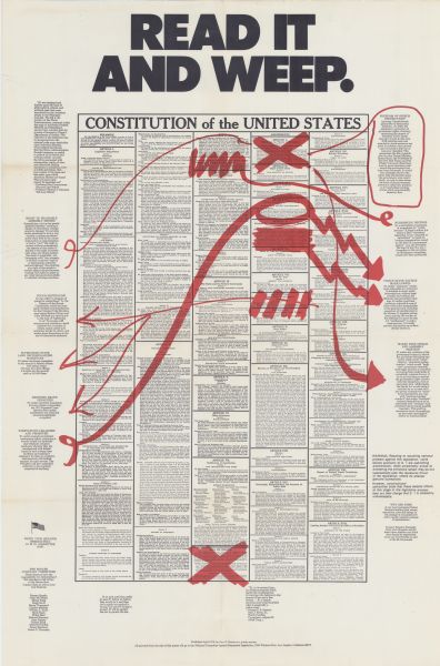 Social action poster, with edit marks in red, on the United States Constitution, titled: "Read It And Weep." Red arrows point to descriptions of S1 in the margins. The sections on the "Restriction on Powers of Congress," and the "Bill of Rights" have a red "X" across them. On the left is an American Flag with the text: Write your senator immediately. S1 is in committee now." At the bottom it reads: "Published April 1976, by. Geo O. Brown as a public service. All proceeds from the sale of this poster will go to the National Committee Against Repressive Legislation."