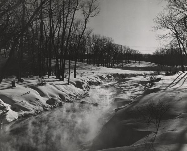 View along the snow-covered banks of a creek which is steaming in the extreme cold. There are trees growing in the hilly landscape, and the tops of shrubs are above the snow.