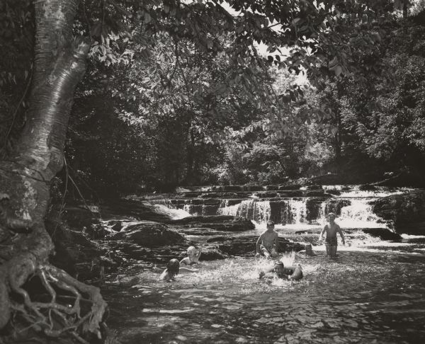 A group of children swimming below a cascade on a river. The area is surrounded by trees.