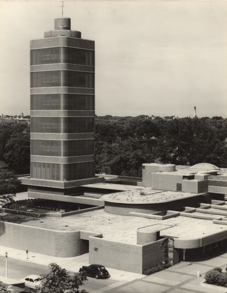 Elevated view of the Johnson Wax administration building and research tower.