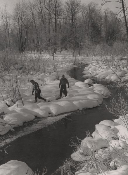 Slightly elevated view of two men snowshoeing along a flowing stream near Trout Lake.