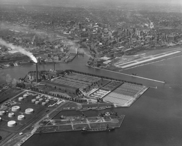 Aerial view of the harbor and port facilities.
