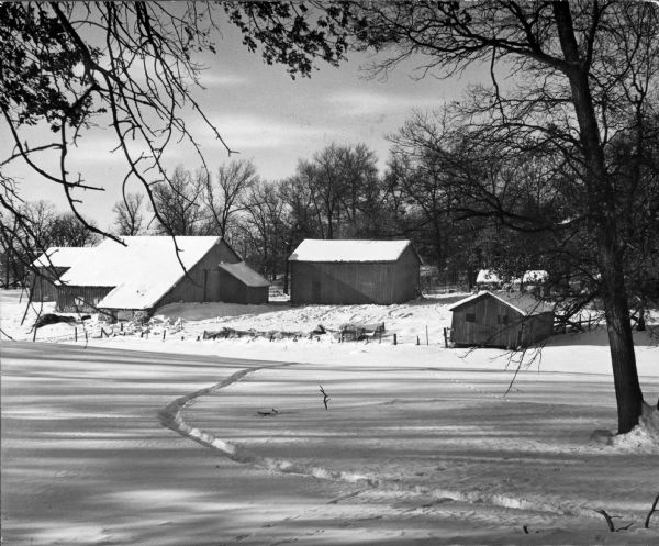 Snow-covered farm buildings and trees, with a path through the snow cutting across the field in the foreground.